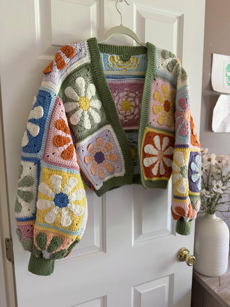 Retro Daisy Granny Square Cardigan Crochet Pattern PDF