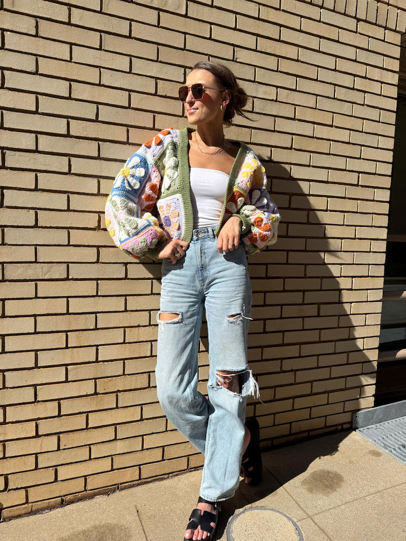 Retro Daisy Granny Square Cardigan Crochet Pattern PDF